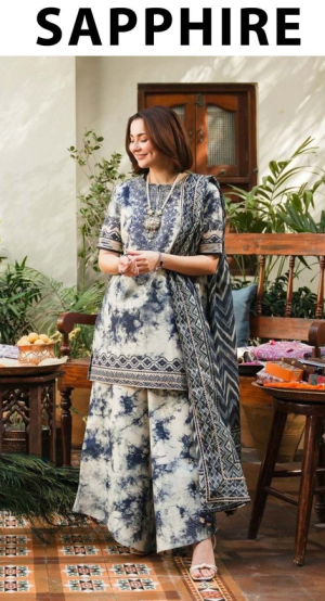 3 Pcs Lawn Neck Embroidered Suit | Sapphire